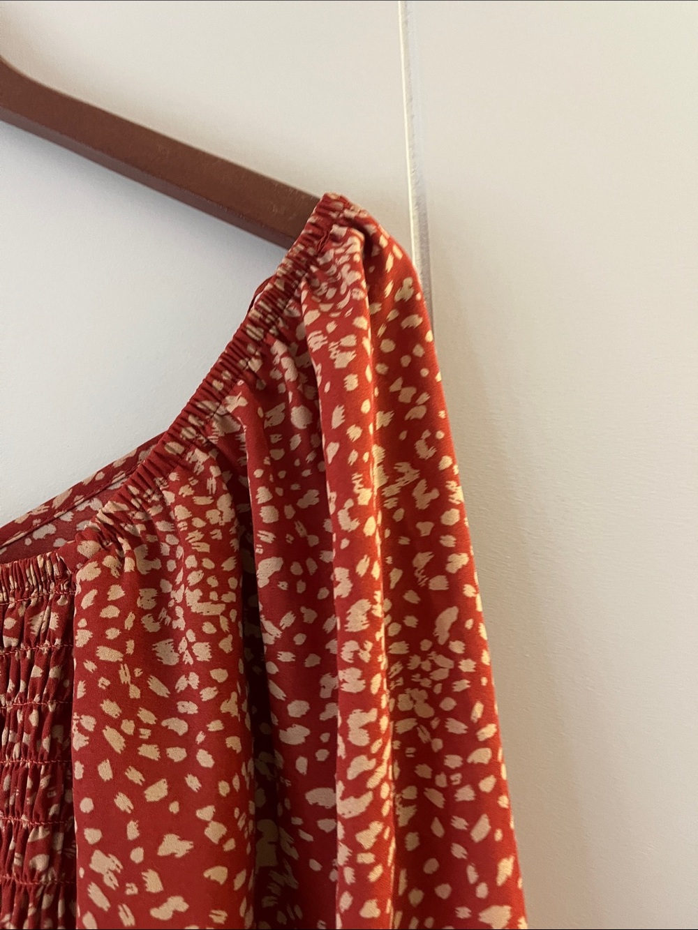 Womens Off-Shoulder Long Sleeve Crop Top - Rust Spot Print - Picture 12 of 13